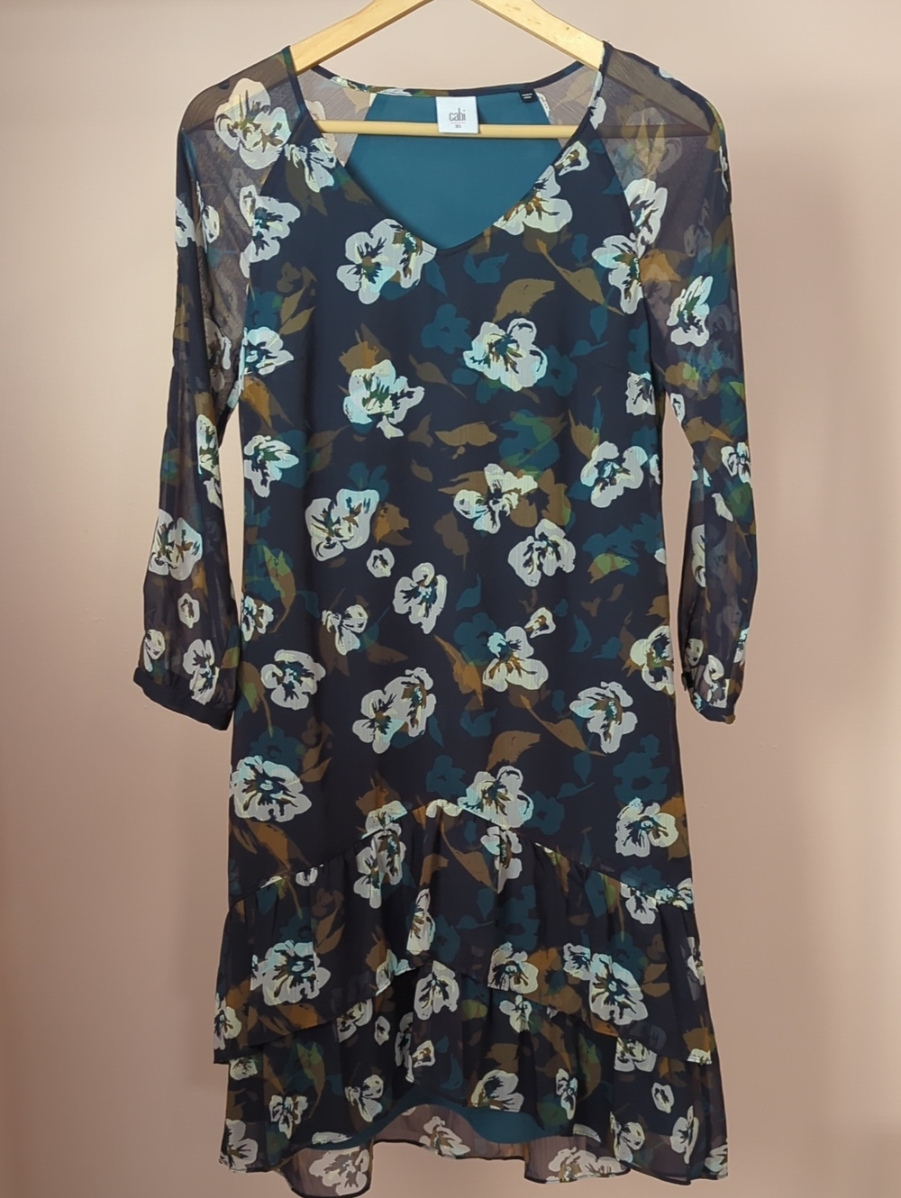 CAbi Teal and White Floral V-Neck Tiered Dress